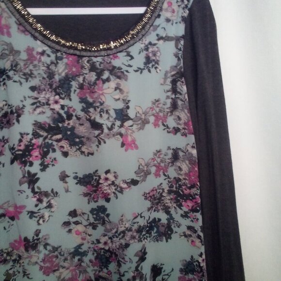 Maurices Blouse Women S Long Sleeve Beading Floral Blue Gray - Picture 9 of 15